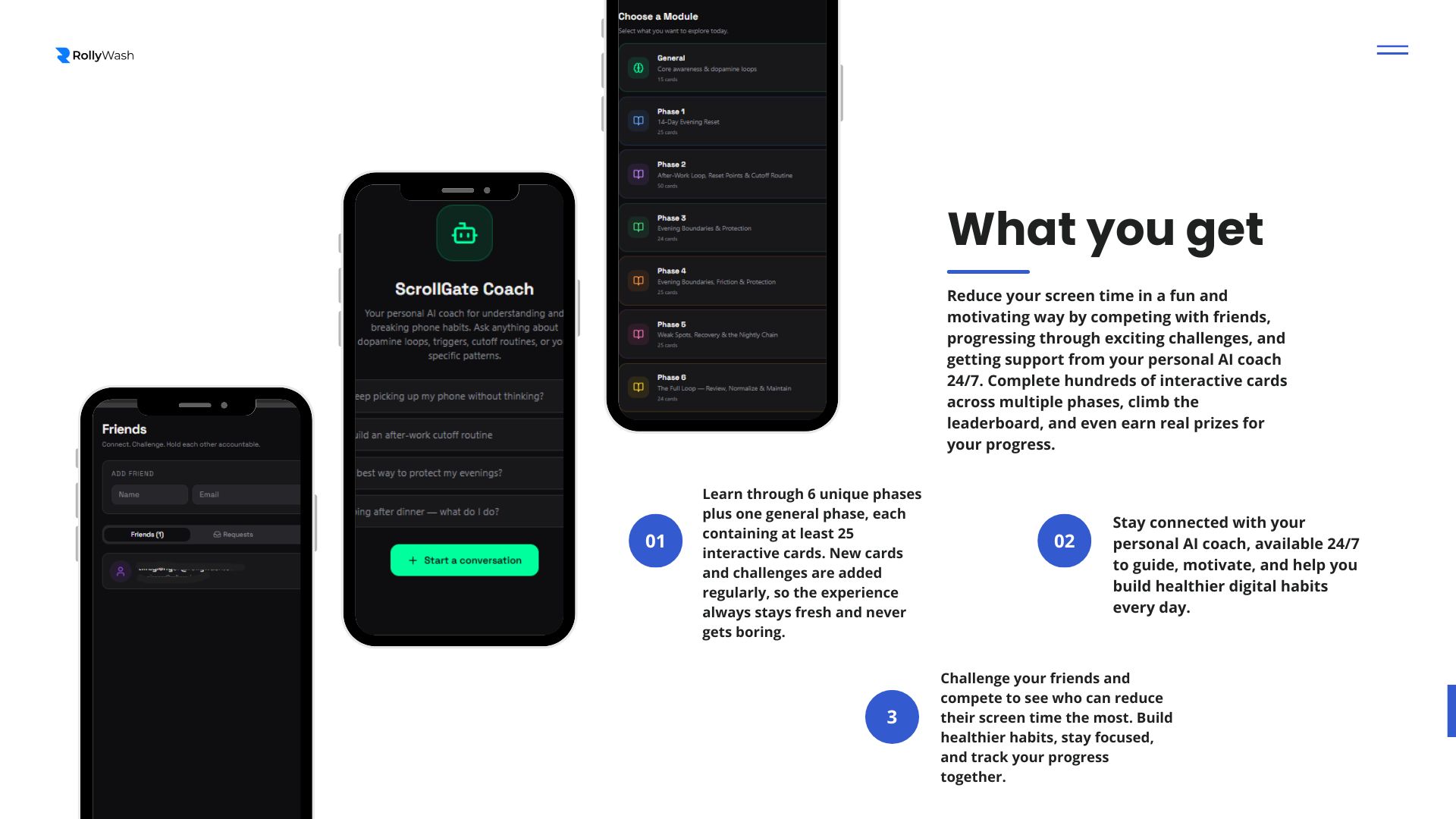 ScrollGate features — AI coach, modules, and friend challenges